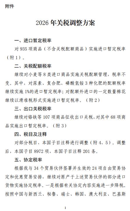 2026年1月1日起我国调整部分商品关税税率税目