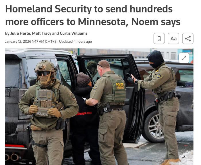 美国土安全部部长称将向明尼苏达州增派数百警员