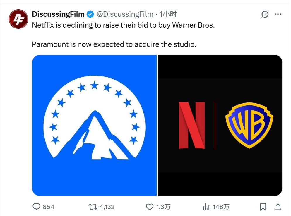 Netflix退出竞购，派拉蒙以1110