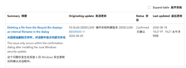 微软六月更新KB5094126致回收站删除确认显示临时文件名